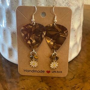 Handmade Brown Earrings with Floral Charm